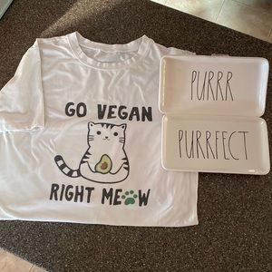 Rae Dunn PURRFECT & PURR plates and Graphic Shirt Cat Go right meow